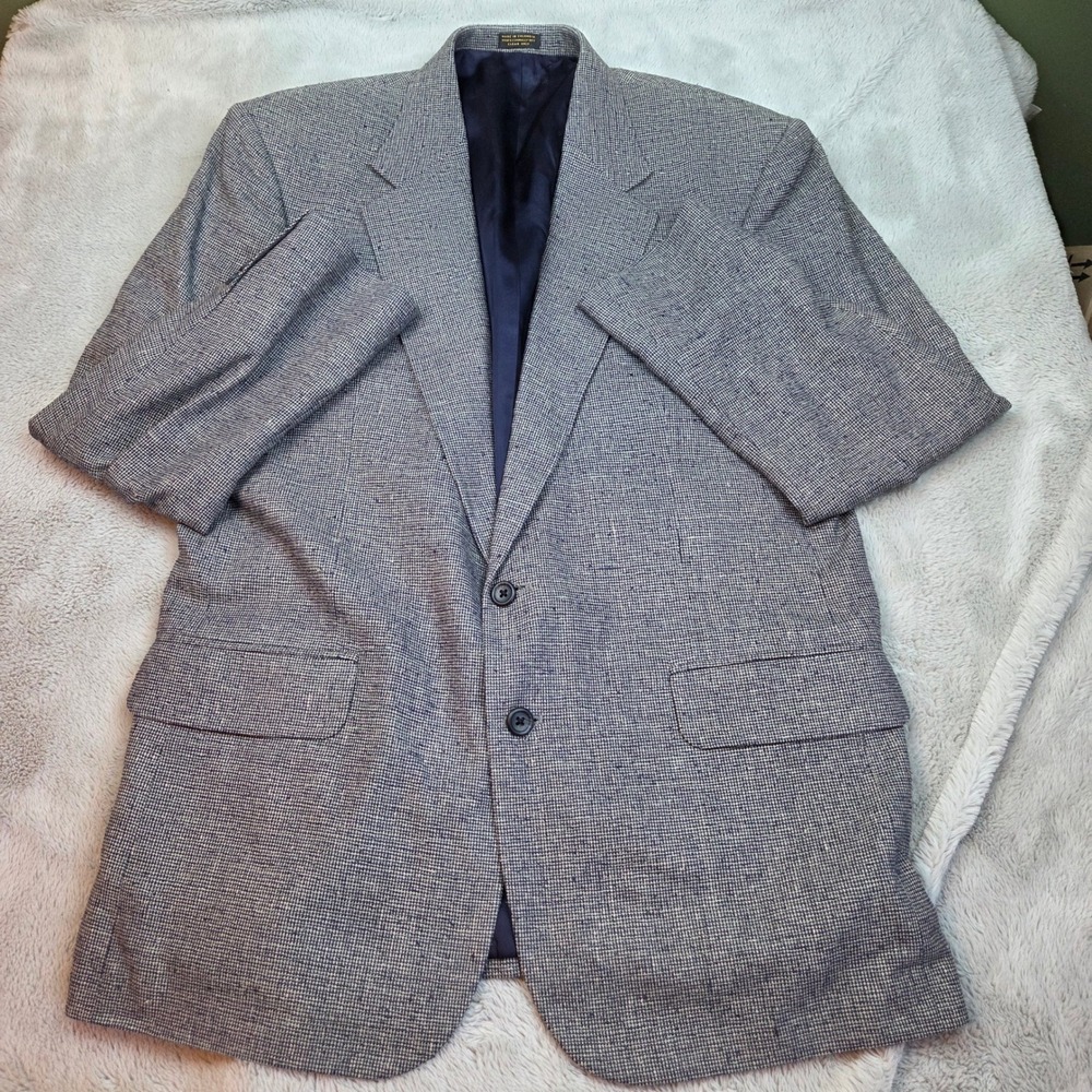 Vintage‎ Robert Stock Silk Blazer Mens 42R Blue White Micro Check Sport Coat